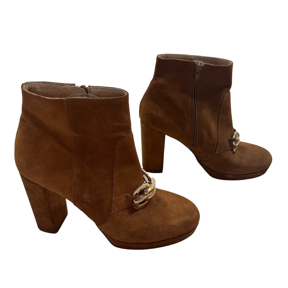 Topshop Tan Suede Chain Platform Ankle Boots Block Heel Made in Spain Size 39